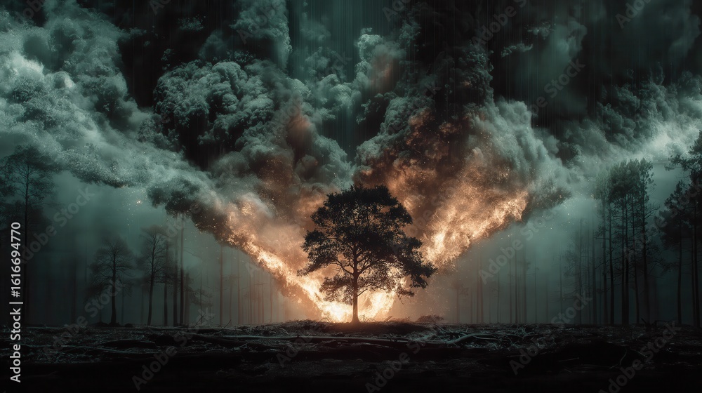 Fototapeta premium 煙と炎に包まれた暗い森に立つ一本の木 | Solitary tree standing in a dark forest engulfed by smoke and fire