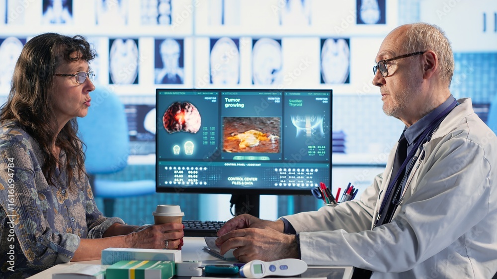 Tableau sur toile Healthcare expert examines cancer screening scan discussing preventative measures for long term wellness