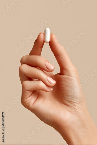 A woman’s hand delicately holding a white capsule pill on a neutral background