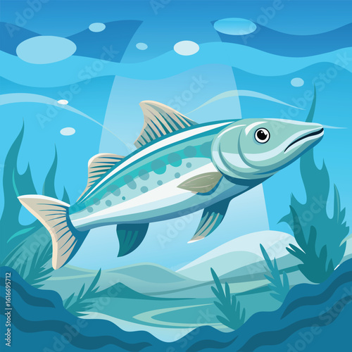 Cartoon Fish Swimming Underwater with Seaweed and Bubbles in Blue Water