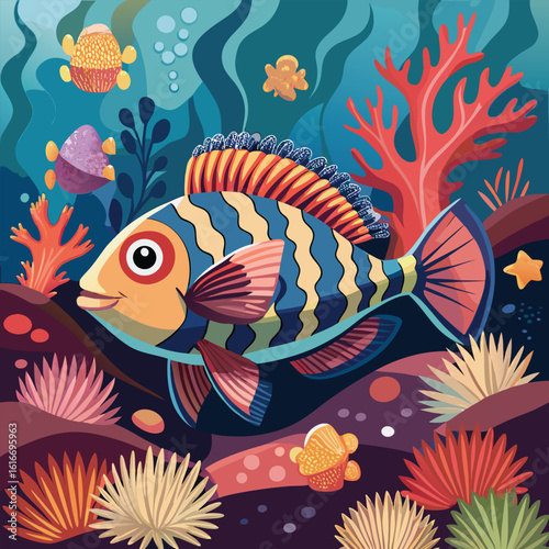 Colorful Cartoon Fish Swimming in a Vibrant Coral Reef Illustration