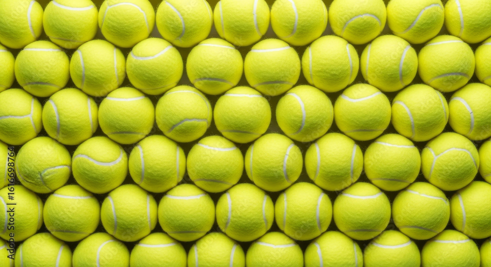 Full frame top-down view of new yellow tennis balls neatly arranged in rows, creating a textured sport pattern background.
Full frame top-down view of new yellow tennis balls neatly arranged in rows, creating a textured sport pattern background.