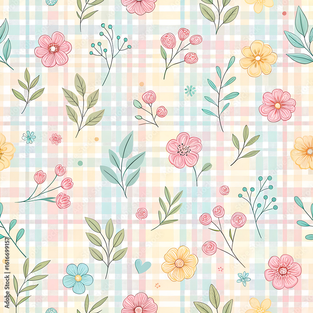 “Seamless pastel plaid pattern for baby textiles — light pink, baby blue, soft yellow — delicate and cozy, hand-drawn style”
