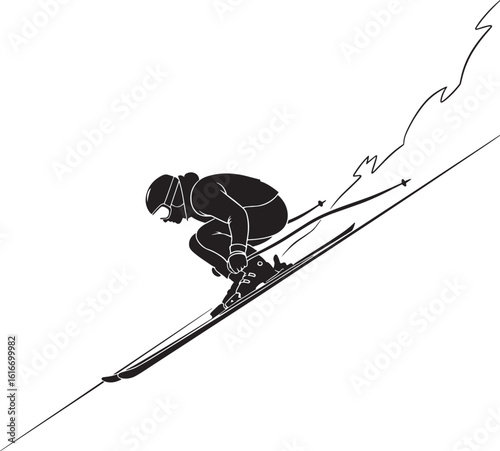 Black silhouette of skier descending a slope skiing