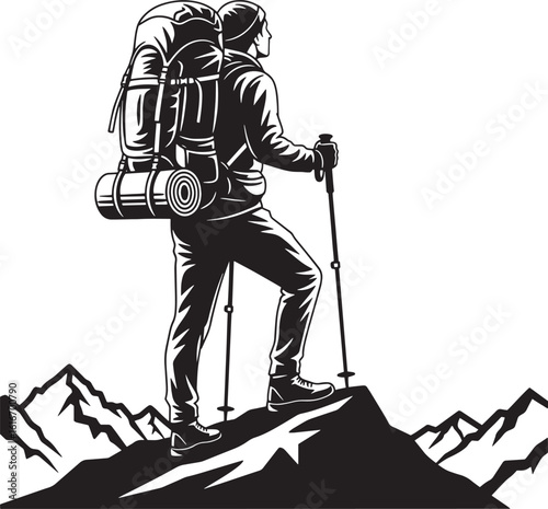 Hiker with backpack on mountain peak using trekking poles
