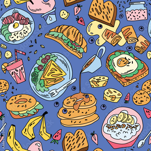 pattern with bright doodle breakfast, pancakes, bananas, yogurt, avocado bowl, protein shake
