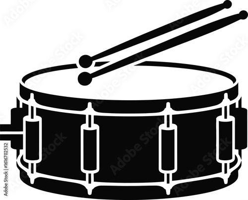 Black Silhouette of Snare Drum with Drumsticks – Musical Instrument Vector Illustration