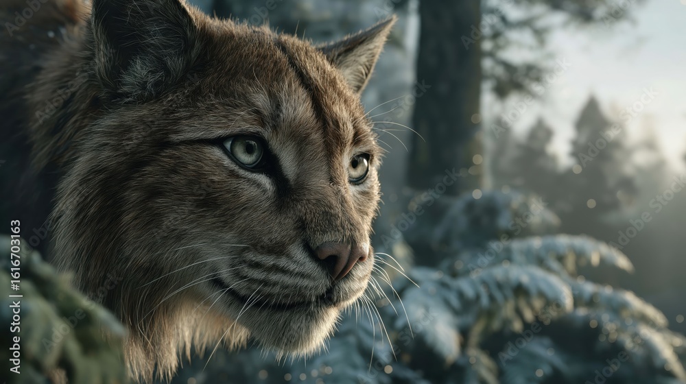 Fototapeta premium 雪が積もった森で静かに佇むリンクスの横顔 | Profile of a lynx quietly standing in a snowy forest