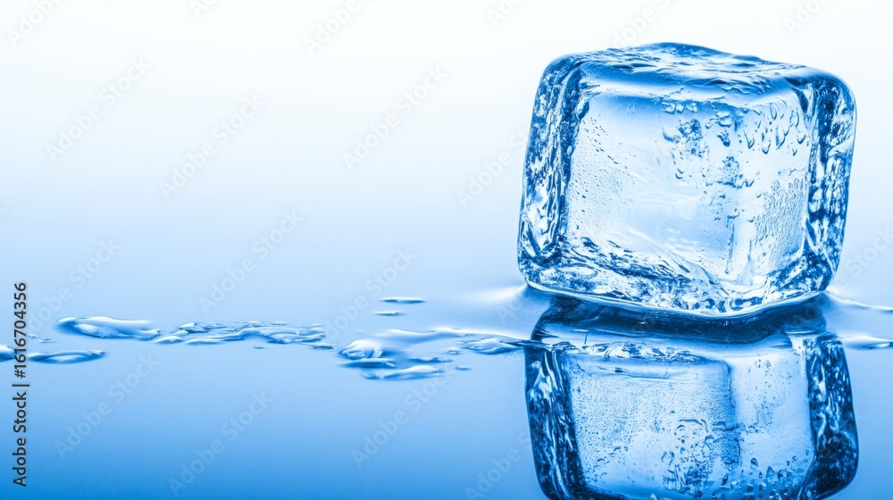 A melting ice cube on reflective glass against pale blue background A melting ice cube on reflective glass against pale blue background