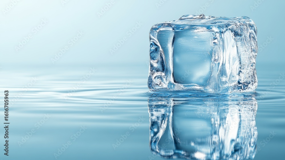 A melting ice cube on reflective glass against pale blue background A melting ice cube on reflective glass against pale blue background