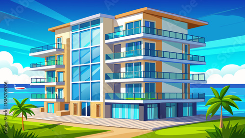 Modern beachfront apartment building with glass balconies and clear blue sky above the ocean view