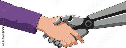 Human hand shaking robotic mechanical hand symbolizing technology collaboration and innovation in future industries 