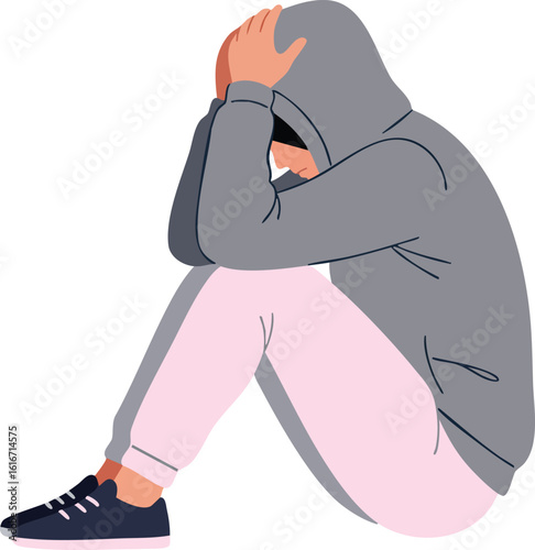 Young person sitting with head in hands wearing gray hoodie and pink pants expressing sadness or stress vector illustration 