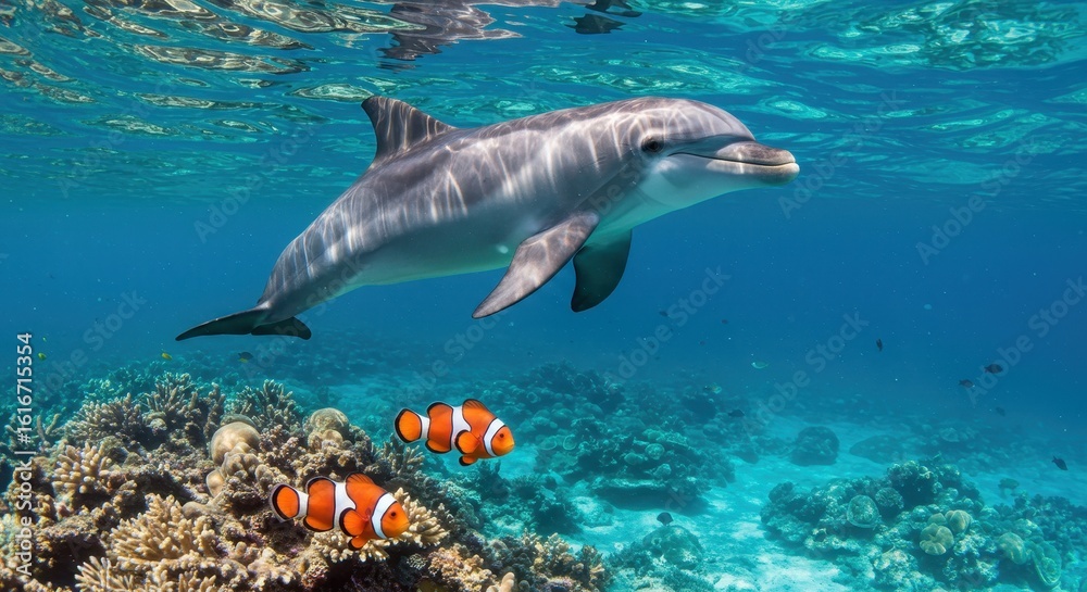 Obraz premium Captivating underwater scene featuring a dolphin alongside clownfish near coral reefs