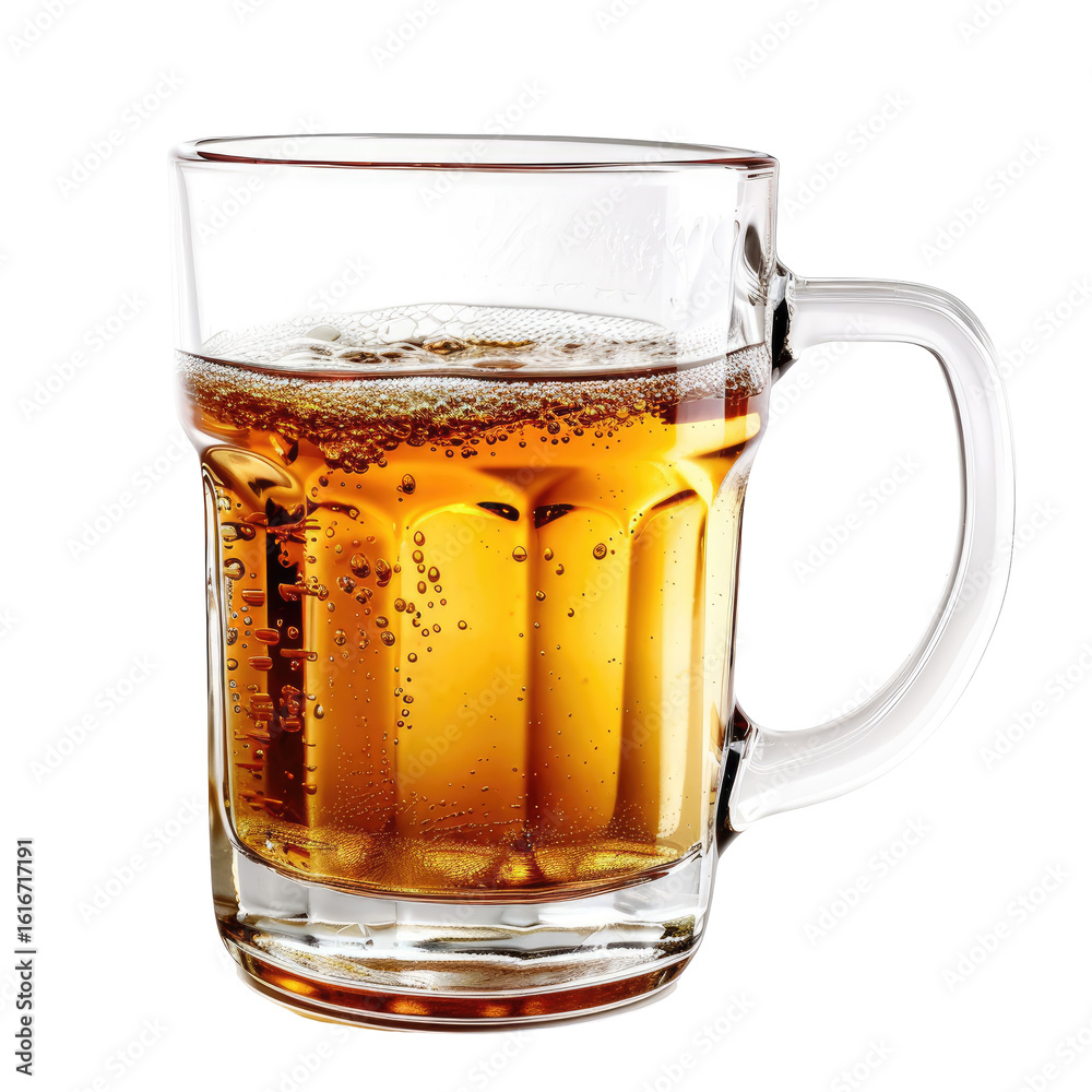 Clear glass beer mug, light amber liquid, slightly bubbly Clear glass beer mug, light amber liquid, slightly bubbly