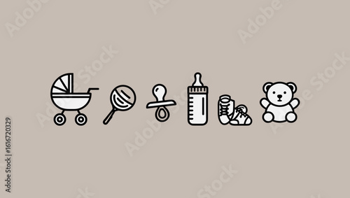 Baby Essentials Icons: Stroller, Rattle, Pacifier, Bottle, Shoes, Teddy Bear