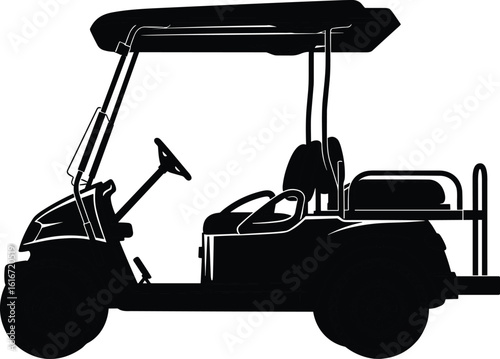 Cad drawing flat vector illustration, black and white golf cart silhouette, side view, electric vehicle, leisure transport, detailed design