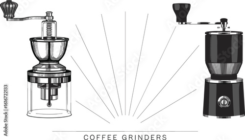 Vintage manual coffee grinder, hand-crank mill, antique kitchen tool, CAD drawing, flat vector illustration, retro design, coffee equipment, sketch art
