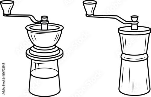 Vintage manual coffee grinders, hand-crank mills, antique kitchen tools, CAD drawing, flat vector illustration, retro coffee equipment, detailed line art