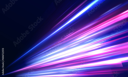 Vector illustration of neon light lines on a gradient blue-black background. The design features sparkling speed beams and subtle lens flare details. Futuristic and energetic atmosphere.