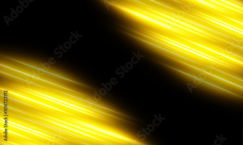 Neon glow of horizontal lines with motion blur imitates a fast yellow laser beam on a dark background. Yellow and orange shades merge with shimmering highlights. Perfect for cyber or tech art. 
