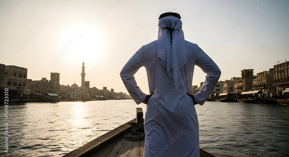 Fototapeta premium Arab man in traditional clothing gazes at cityscape over a canal at sunrise.