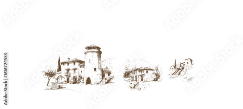 Hand-Drawn Vintage French Villa and Architecture Sketches – Rustic Countryside Style