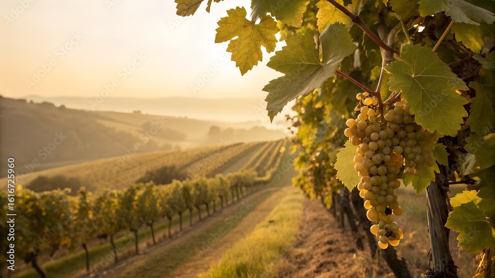 Naklejka premium Grapevine with sun-warmed bunches of grapes hanging between aged leaves, vineyard landscape fading in soft bokeh