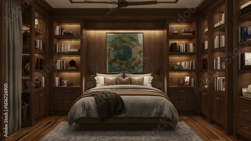 Luxurious bedroom with built in bookshelves and cozy bed
