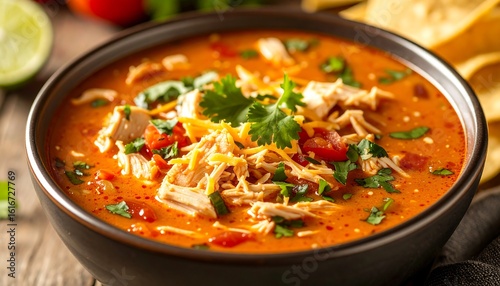 Close-up of a bowl of chicken tortilla soup