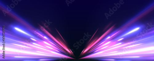 Vector background of high-speed neon motion lines on a black backdrop. Glowing light trails give the illusion of fast acceleration. Ideal for futuristic or racing designs.
