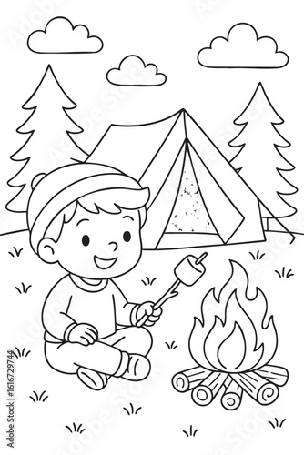 Black outline coloring page of child camping with tent and campfire, graphic illustration. concept of outdoor activities, nature, adventure for kids, educational fun