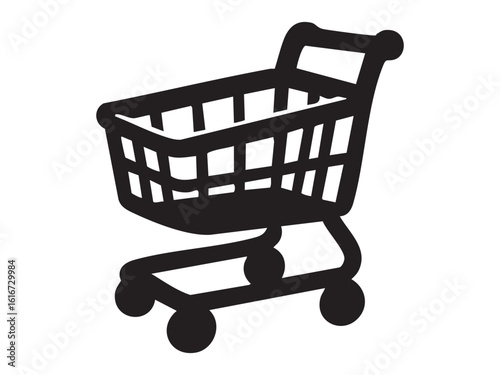 Black silhouette of kids toy shopping cart icon, isolated on white background, graphic illustration. concept of retail, shopping, supermarket, merchandise symbol, commercial design element