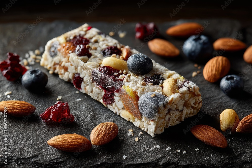Fototapeta premium Healthy snack bar with nuts and dried fruits displayed on a slate background