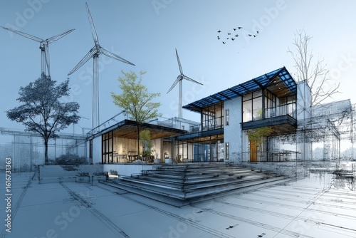 Modern architectural design featuring sustainable elements with wind turbines and trees in an urban landscape