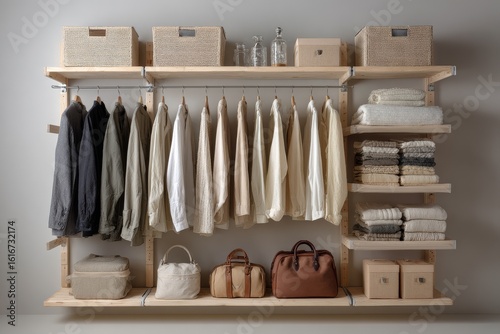 Wallpaper Mural Minimalist closet organization featuring neutral-colored clothing and neatly folded linens in a contemporary design Torontodigital.ca