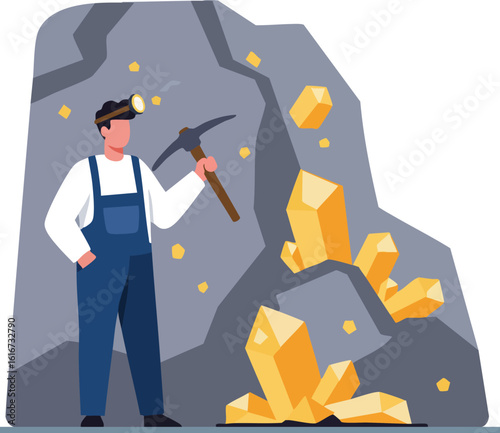 Miner with pickaxe mining gold crystals in cave vector illustration with dark grey rocks and yellow crystals 