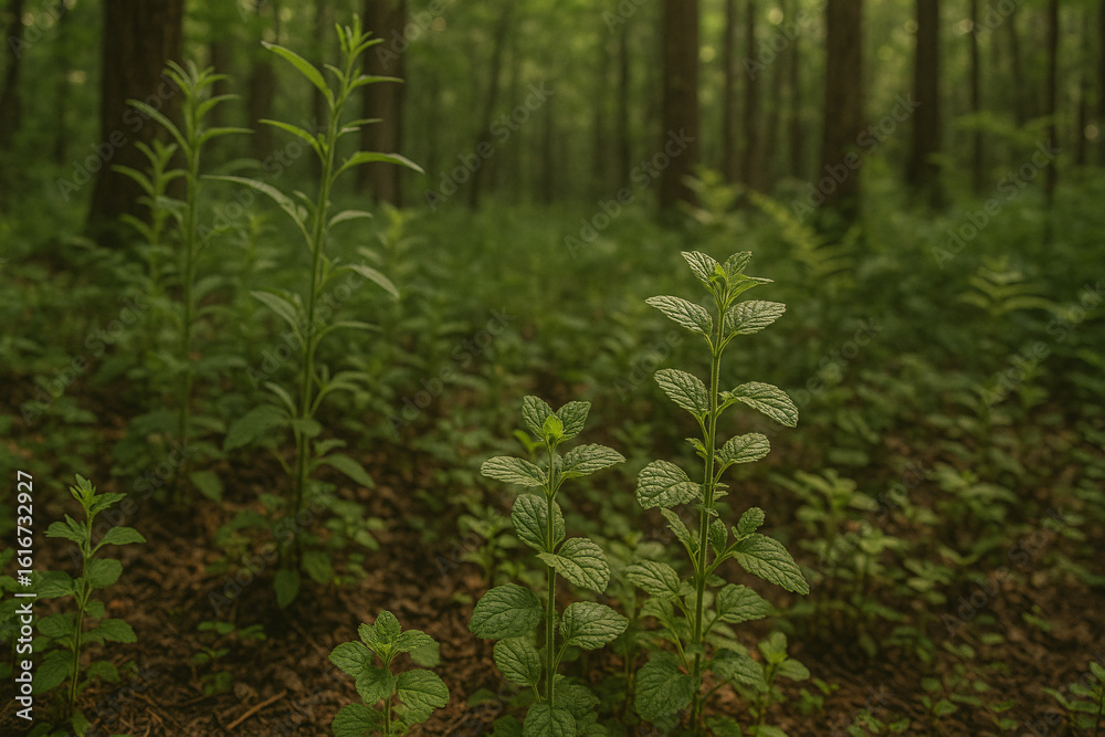 Fototapeta premium Young wild herbs with textured green leaves grow in the soft, earthy soil of a quiet forest clearing. The surrounding trees and dappled light create a serene, natural setting