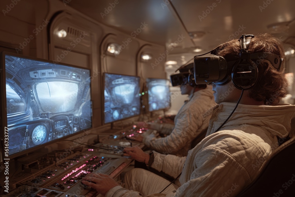 Fototapeta premium Virtual reality training in a high-tech simulation environment during a space mission preparation session