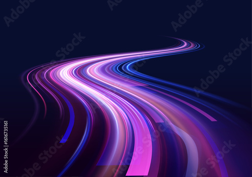 Neon Color Blurred Motion On Speedway. Acceleration speed motion on night road. Panoramic high speed technology concept, light abstract background. Vector illustration.	