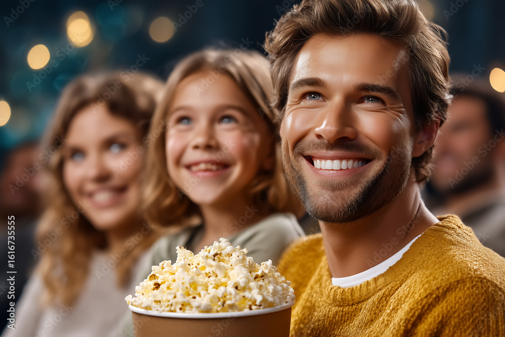 Parents and kids laughing together while holding a large bowl of popcorn. Cozy cinema setting with warm lighting and joyful expressions. Concept of entertainment, family bonding, cinema Parents and kids laughing together while holding a large bowl of popcorn. Cozy cinema setting with warm lighting and joyful expressions. Concept of entertainment, family bonding, cinema