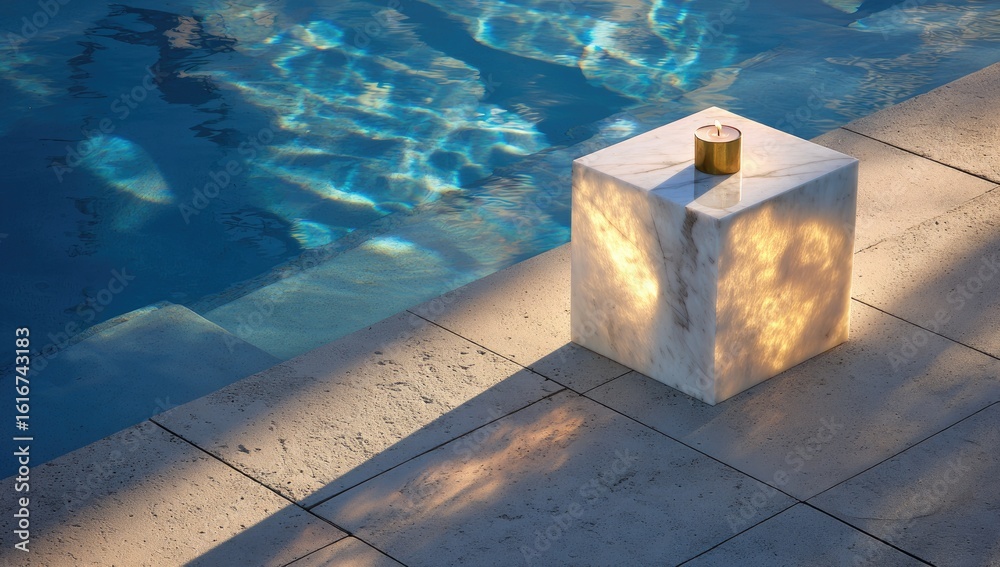 Obraz premium Marble cube by pool at dusk