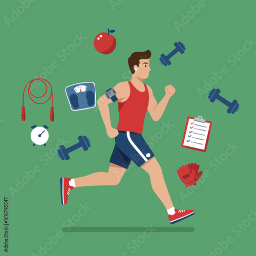 Male runner exercising with fitness equipment including weights, jump rope, and scale on green background vector illustration 