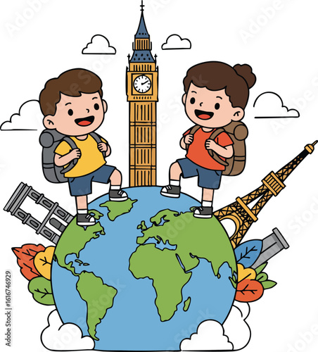 Children with backpacks standing on globe with famous landmarks including Big Ben, Eiffel Tower, and Leaning Tower of Pisa vector illustration 