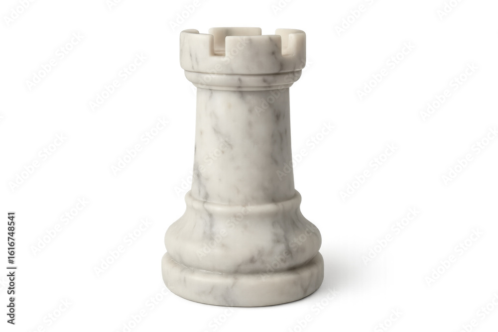 Marble white rook standing on transparent surface, showcasing elegant chess piece design with pristine surface and clean lines Marble white rook standing on transparent surface, showcasing elegant chess piece design with pristine surface and clean lines