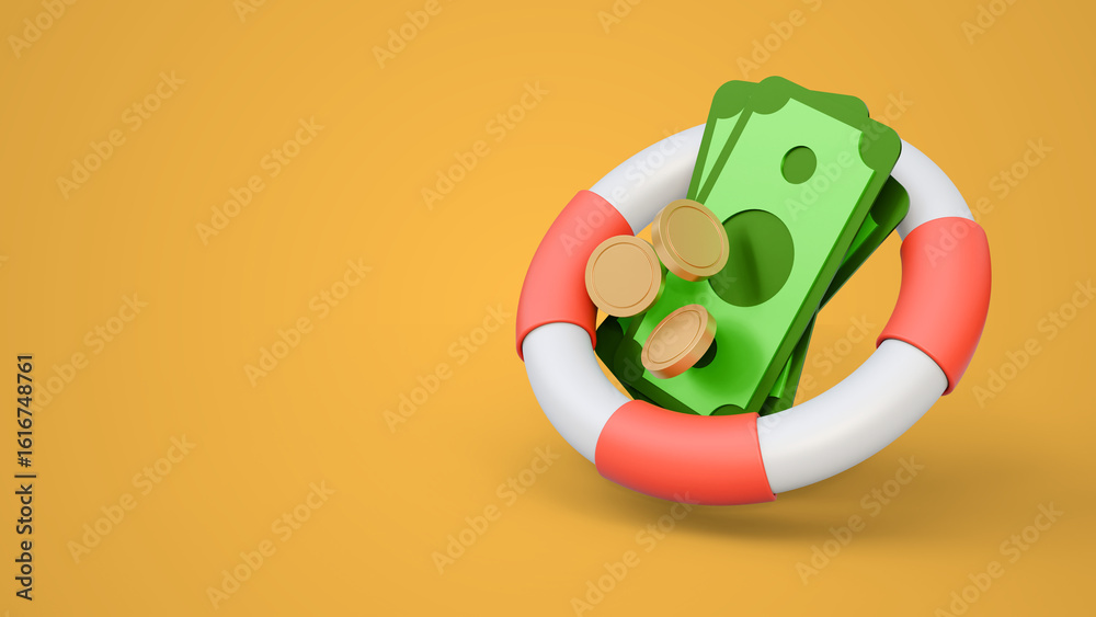 Φωτογραφία Money bills and gold coins with life buoy isolated on a yellow background