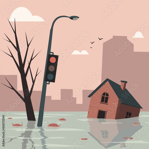Flooded house and streetlight with traffic light in urban area during flood disaster illustration 