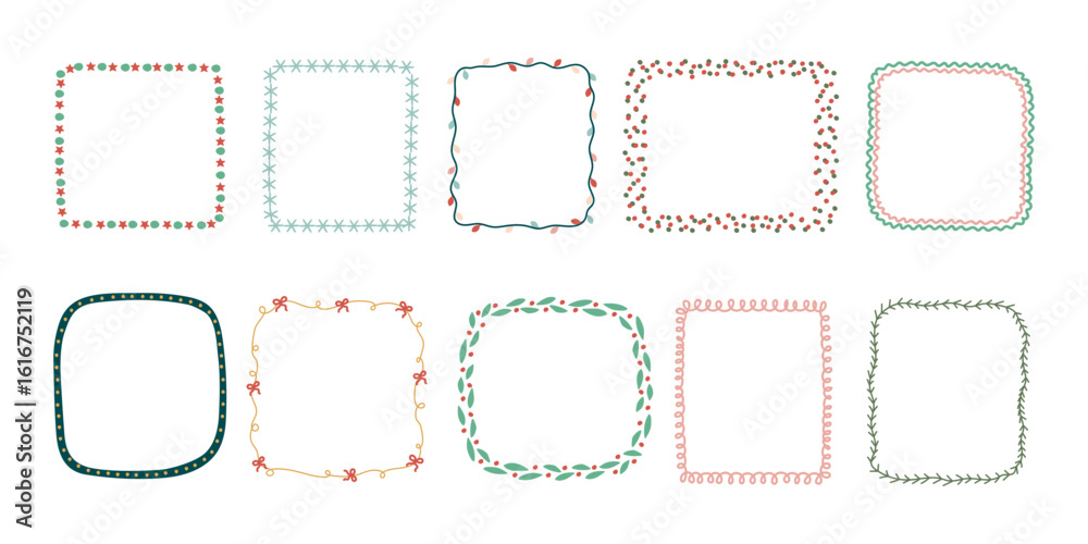 Set of festive Christmas and New Year frames drawn by hand to decorate greeting card or invitation. Set of festive Christmas and New Year frames drawn by hand to decorate greeting card or invitation.