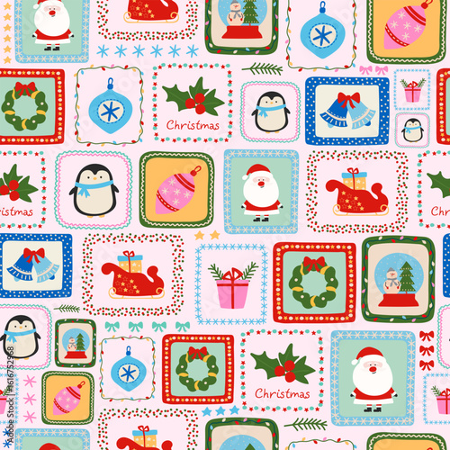 Christmas seamless pattern in patchwork style with hand drawn Santa Claus, snow globe, penguin and bells. Holiday retro background.