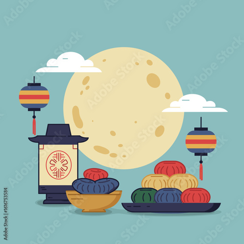 Mooncake festival scene with lanterns and moon in the background  